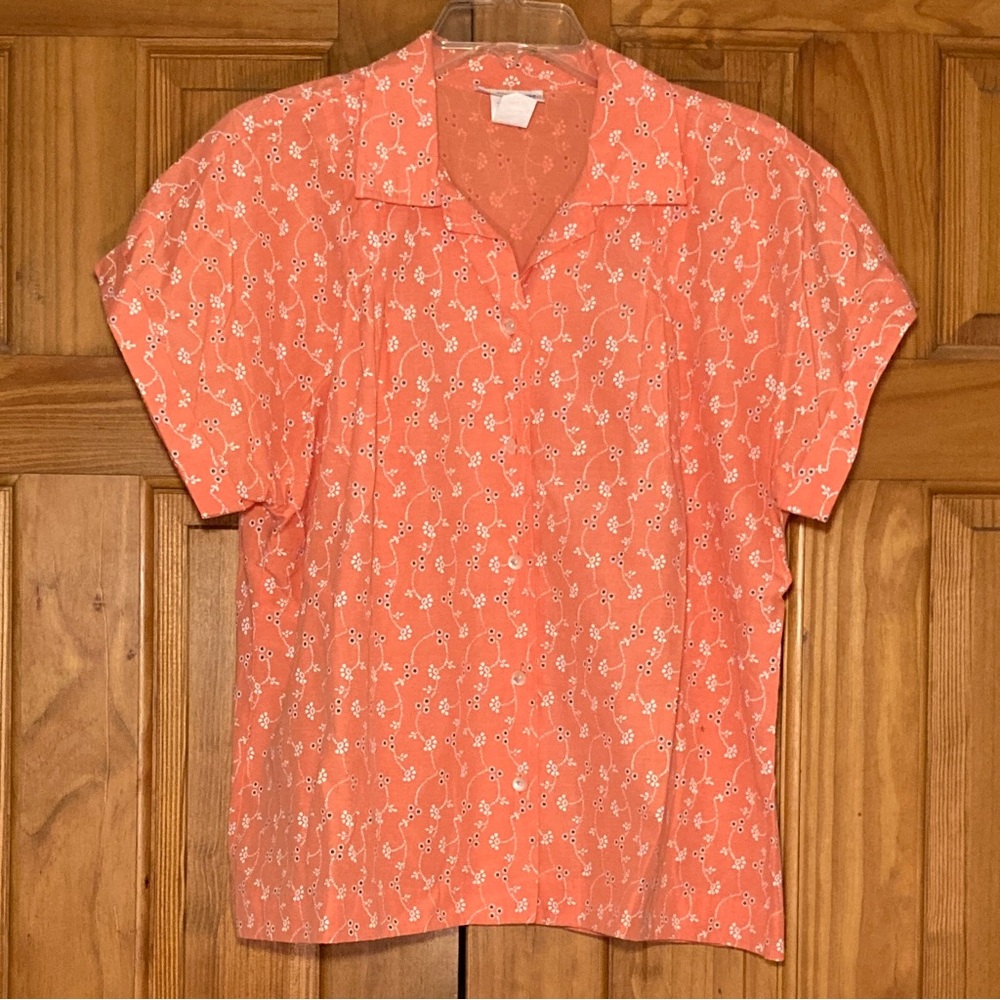 NWOT Blair Vintage 90s Top Short Sleeve Blouse Orange White Size L Large